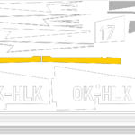 Wzór masek. Żółte elementy pośrodku to maski pozycjonujące strzałę względem krawędzi kokpitu. Elementy szare na górze po prawej to kształty do zamaskowania czarnej powierzchni przeciwodblaskowej na grzebiecie nosa przed malowaniem na brązowo.